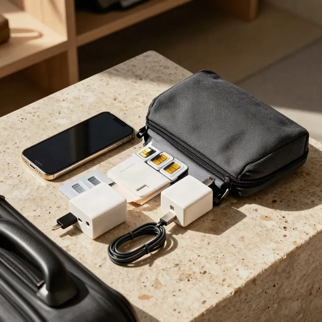 Kit perjalanan roaming di atas travertin, SIM, router poket dan adaptor dalam beg kanvas