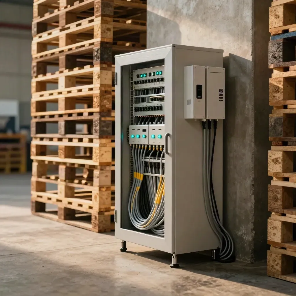 Sudut hab logistik dengan kabinet fiber, unit VoIP, paip kemas dan palet bertindan.