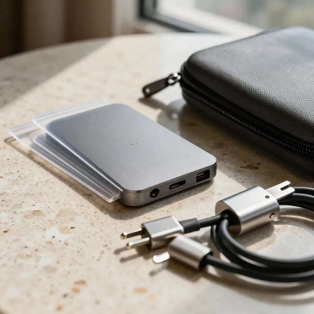 Kit SIM roaming, hotspot dan adapter di meja hotel, siap untuk perjalanan wilayah.