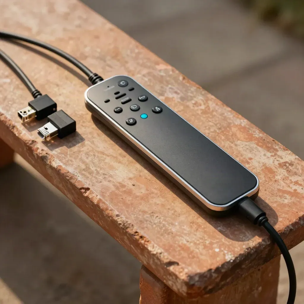 Susun atur peralatan sokongan rangkaian di atas batu terrakota, dengan kabel berjalin dan dongle tersusun rapi.