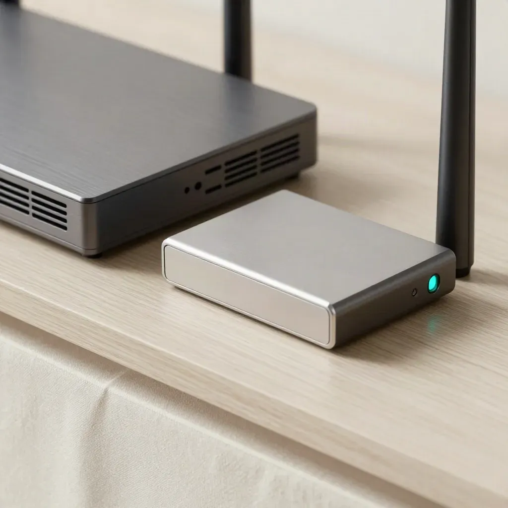 Kit rangkaian atas kayu cerah dengan router, unit VoIP, dulang SIM dan modul gerbang selamat