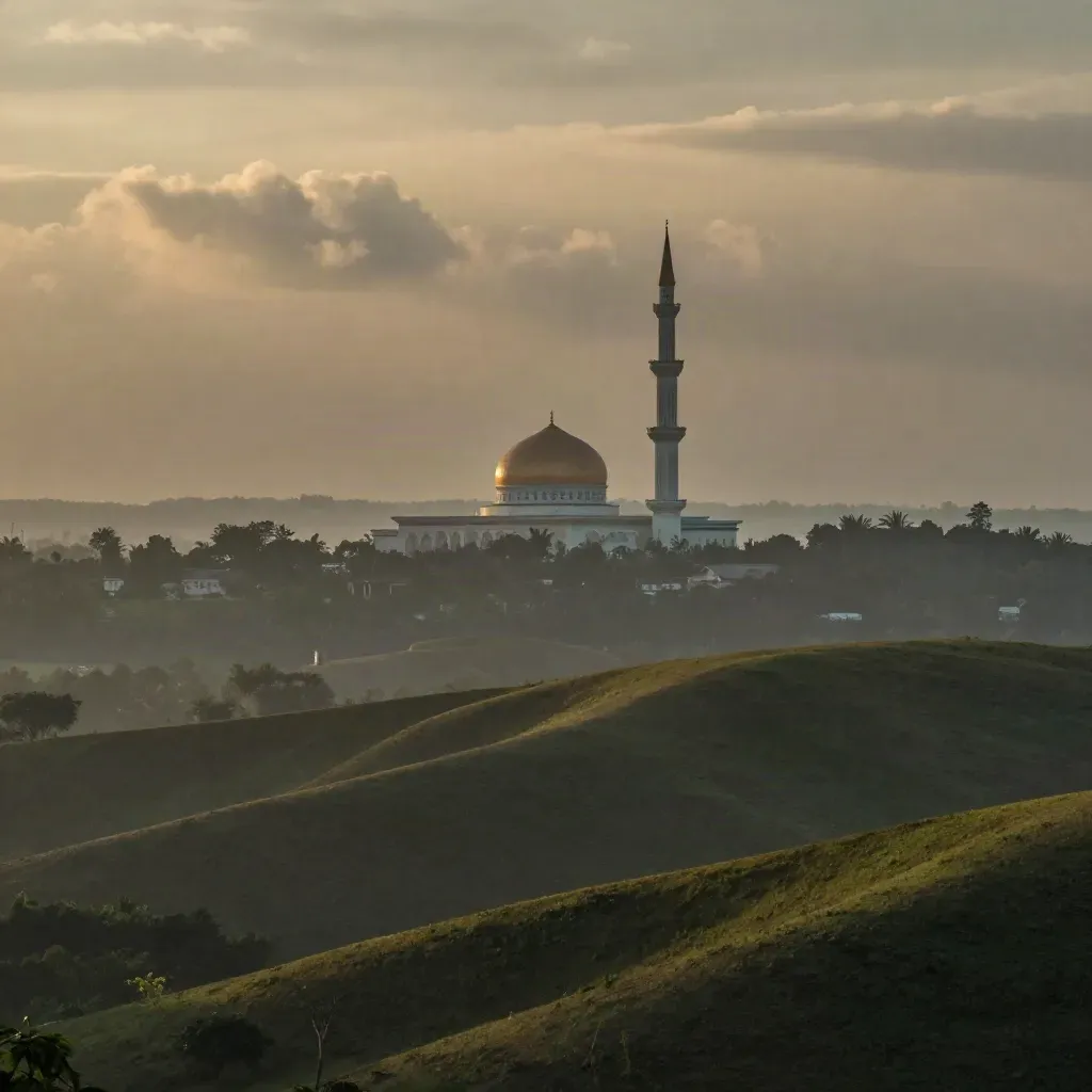 Pemandangan bukit Selangor dengan kubah Masjid Shah Alam di bawah langit senja berkabus.